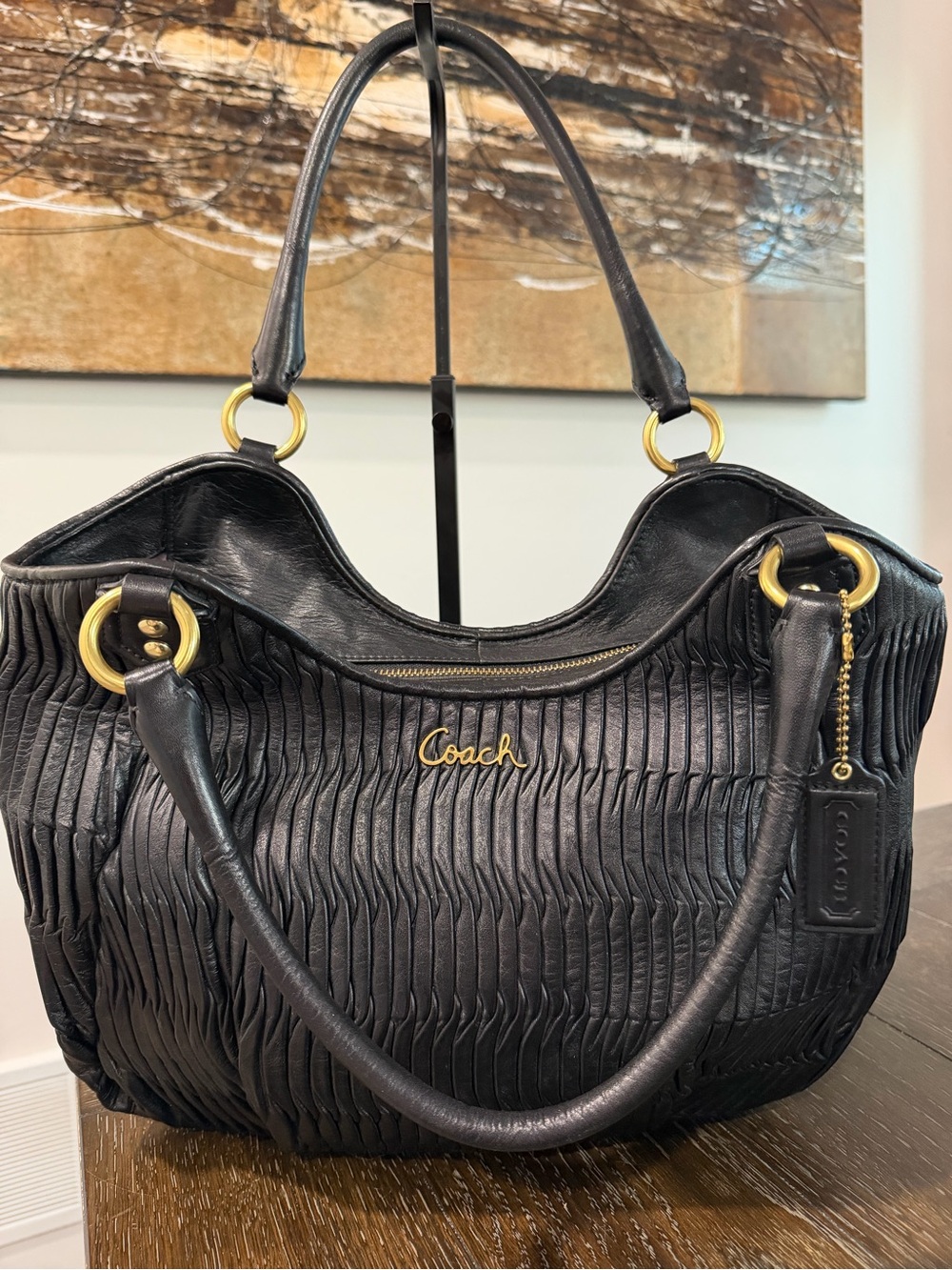 Coach Ashley Black Gathered Leather Shoulder Bag with Brass Accent F23928